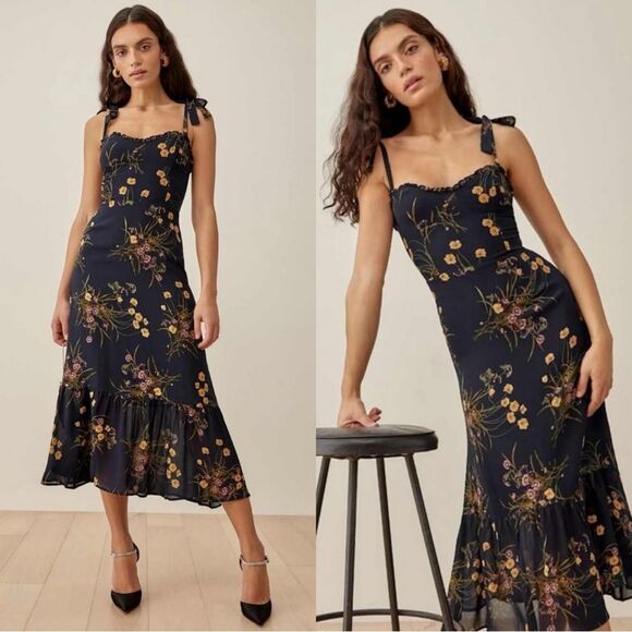 Reformation Nikita Midi Navy Floral Blue Dress Size 2 - Picture 1 of 11
